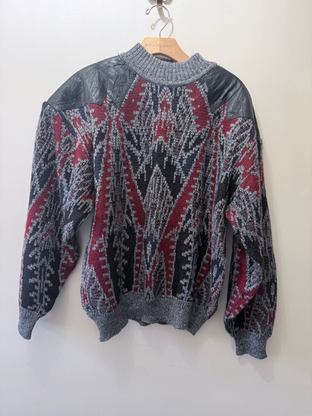Vintage Abstract Geometric Leather Patches Grandpa Knit Sweater Crewneck Red L